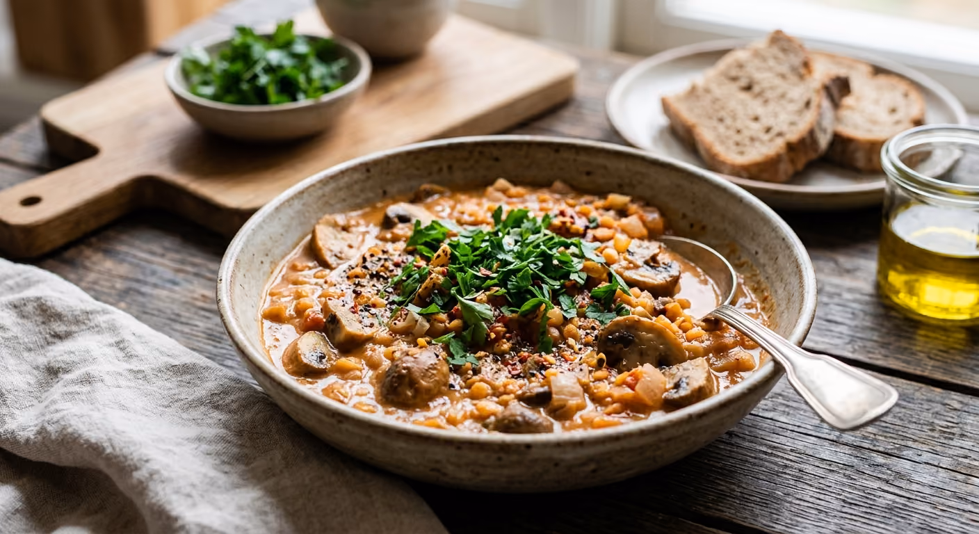 Snabb vegetarisk gryta med svamp och linser