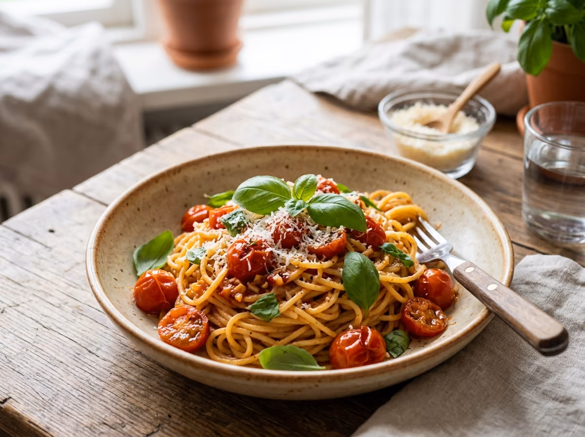 Snabb vegetarisk pasta med tomat och basilika