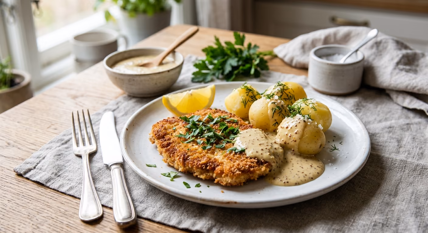 Schnitzel (fläskschnitzel) med potatis och senapssås