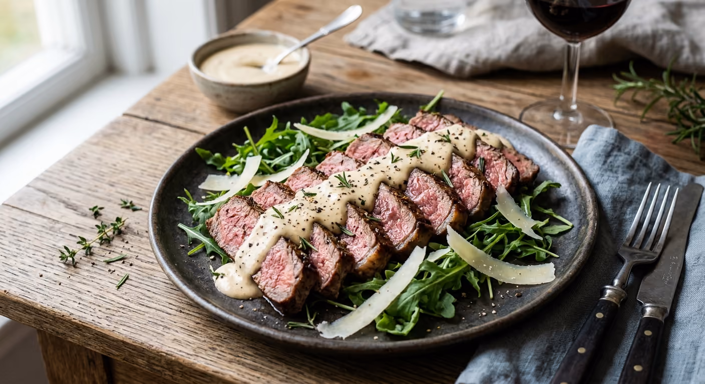 Biff tagliata med rostad vitlokssas