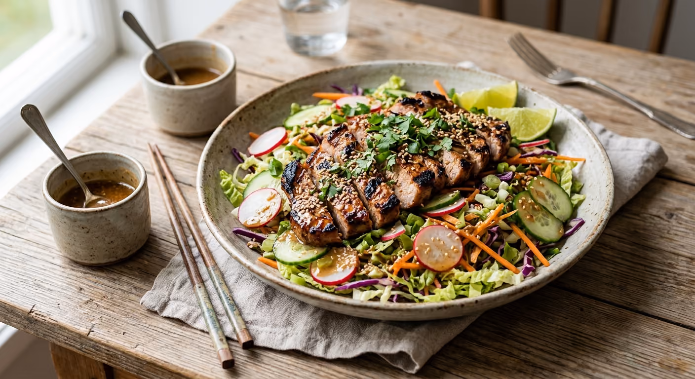 Koreansk sallad med grillad fläskkarré och sesamdressing
