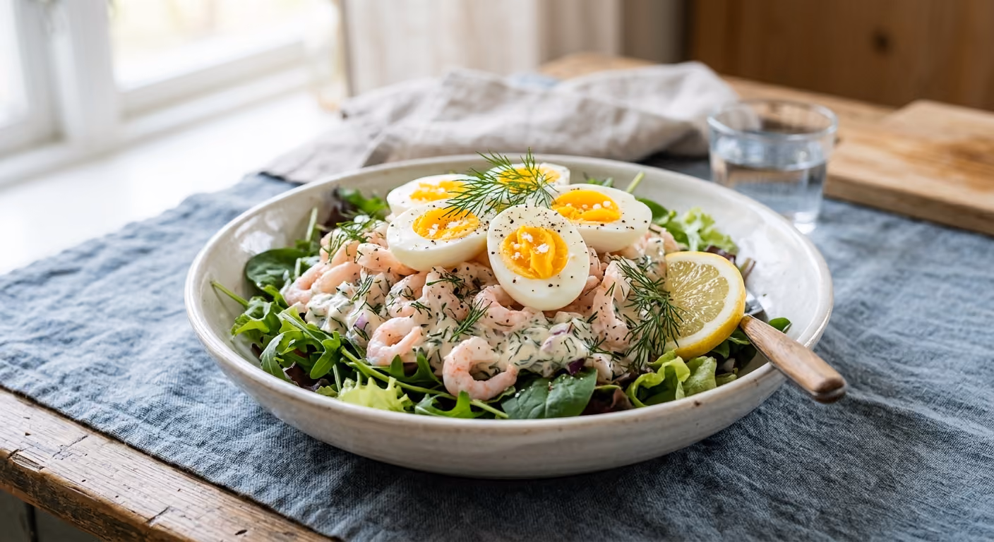 Räksallad med ägghalvor, dill och citron