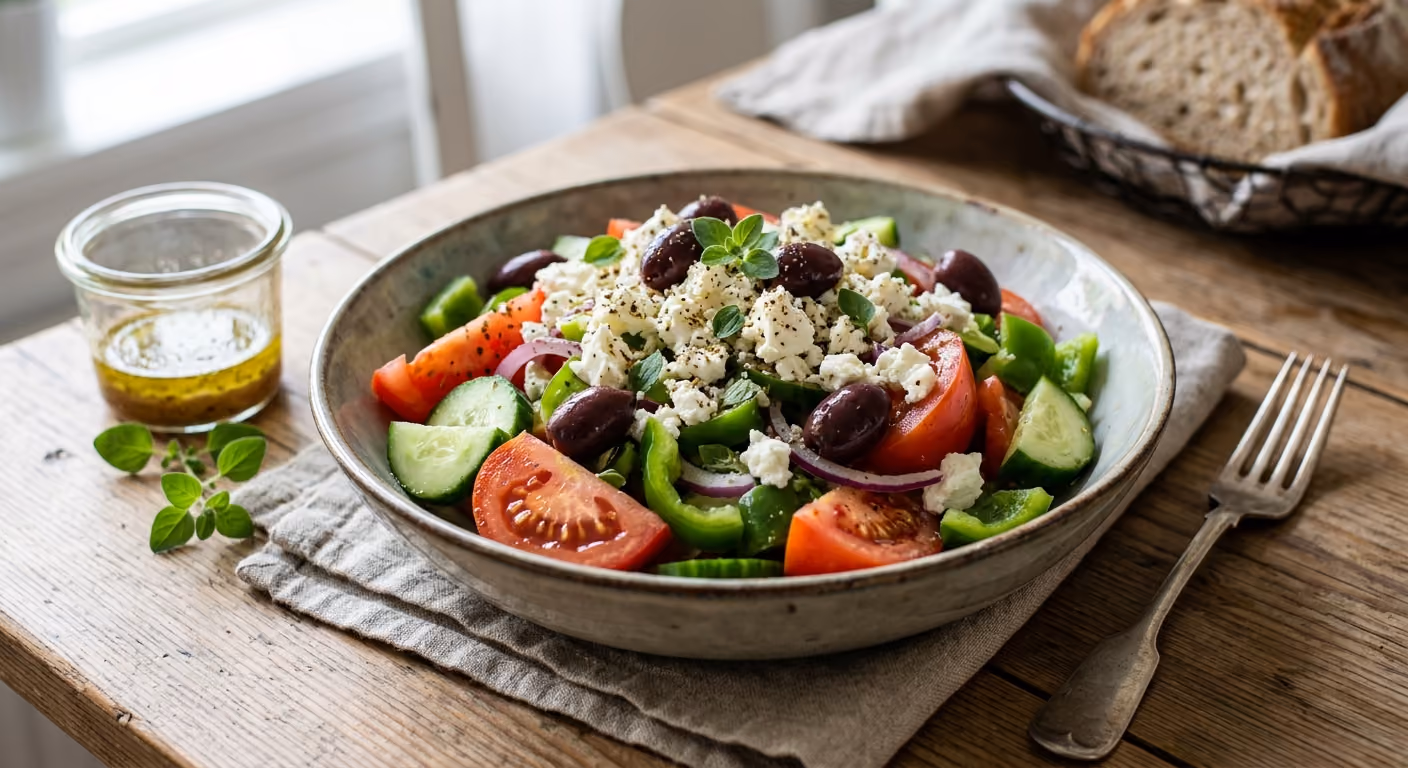 Grekisk sallad med fårost, oliver, rödlök och tomat