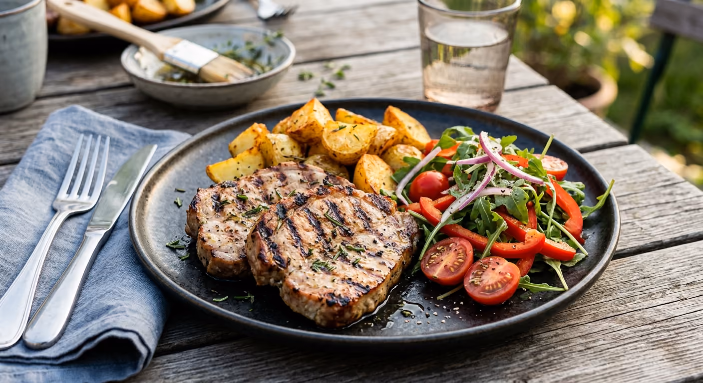 Grillad fläskkarré med ugnsrostad potatis och sallad