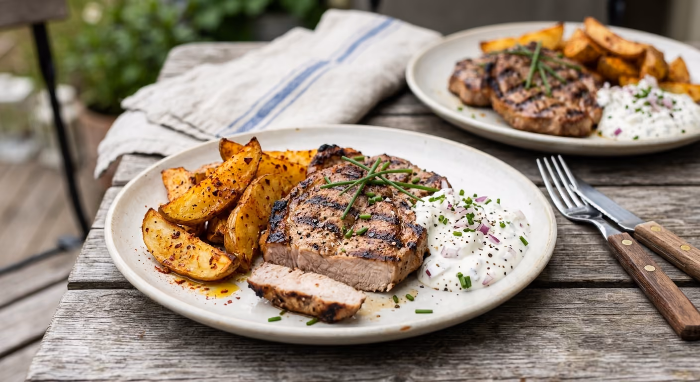 Grillad fläskkarré med chilipotatis och gräddfilsröra