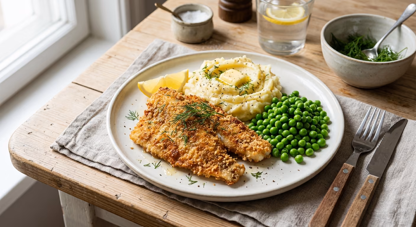 Smörstekt panerad flundra med potatismos och ärtor