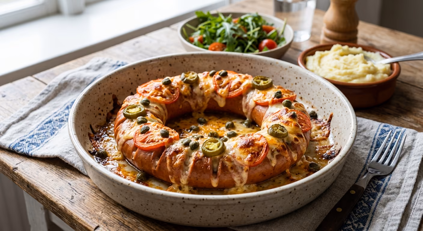 Falukorv i ugn med ost, tomat, kapris och jalapeños