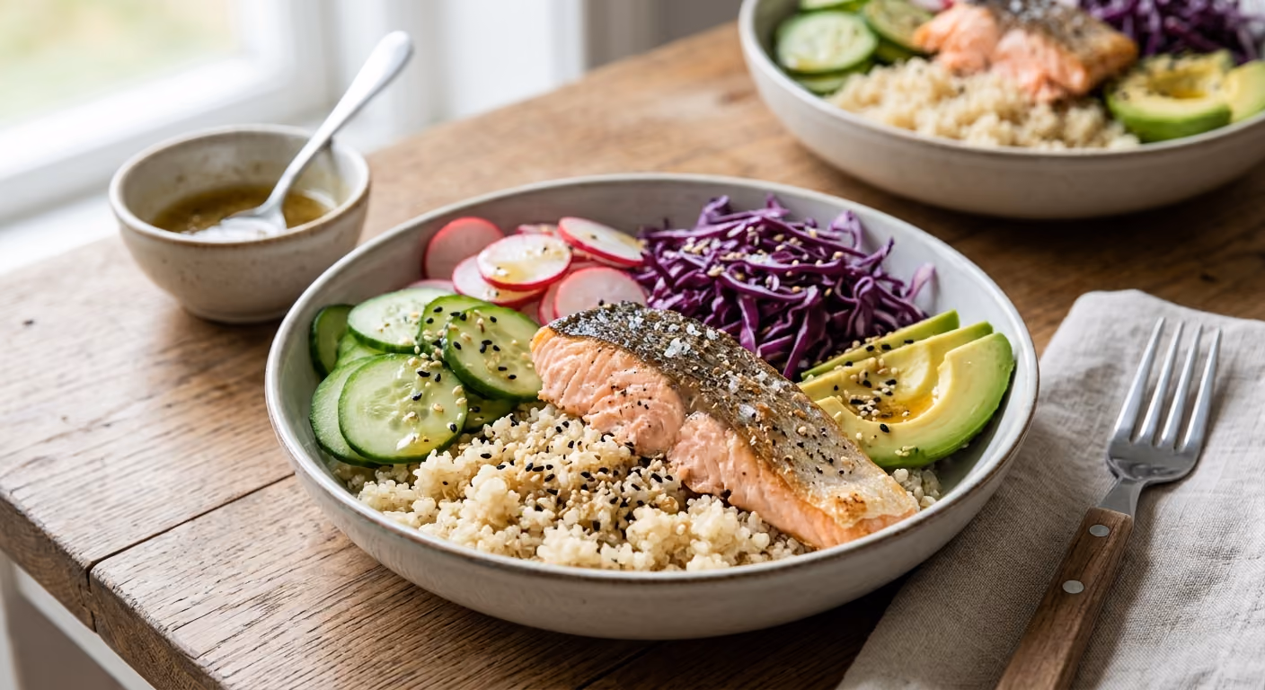 Näringsrik bowl med lax och quinoa