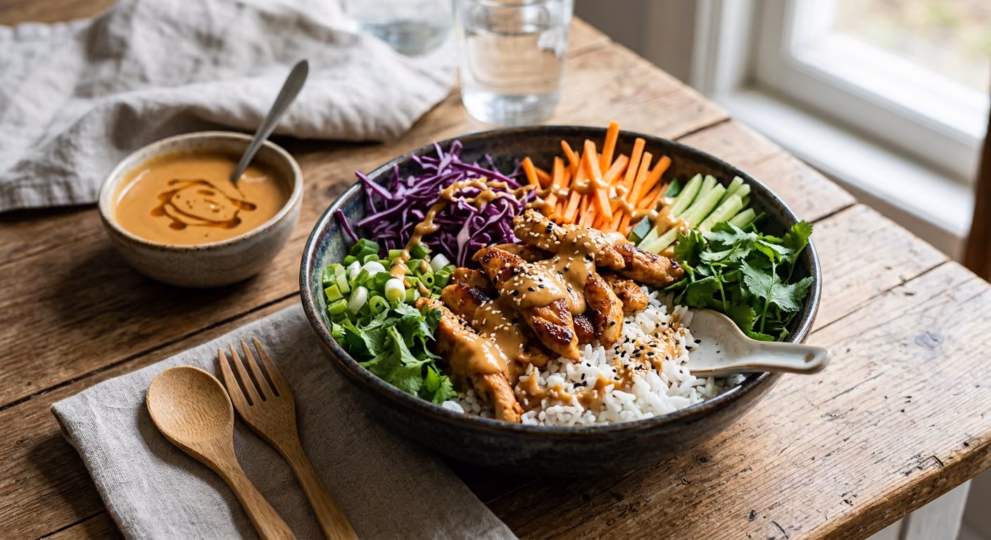 Asiatisk Kycklingbowl med Jordnötssås