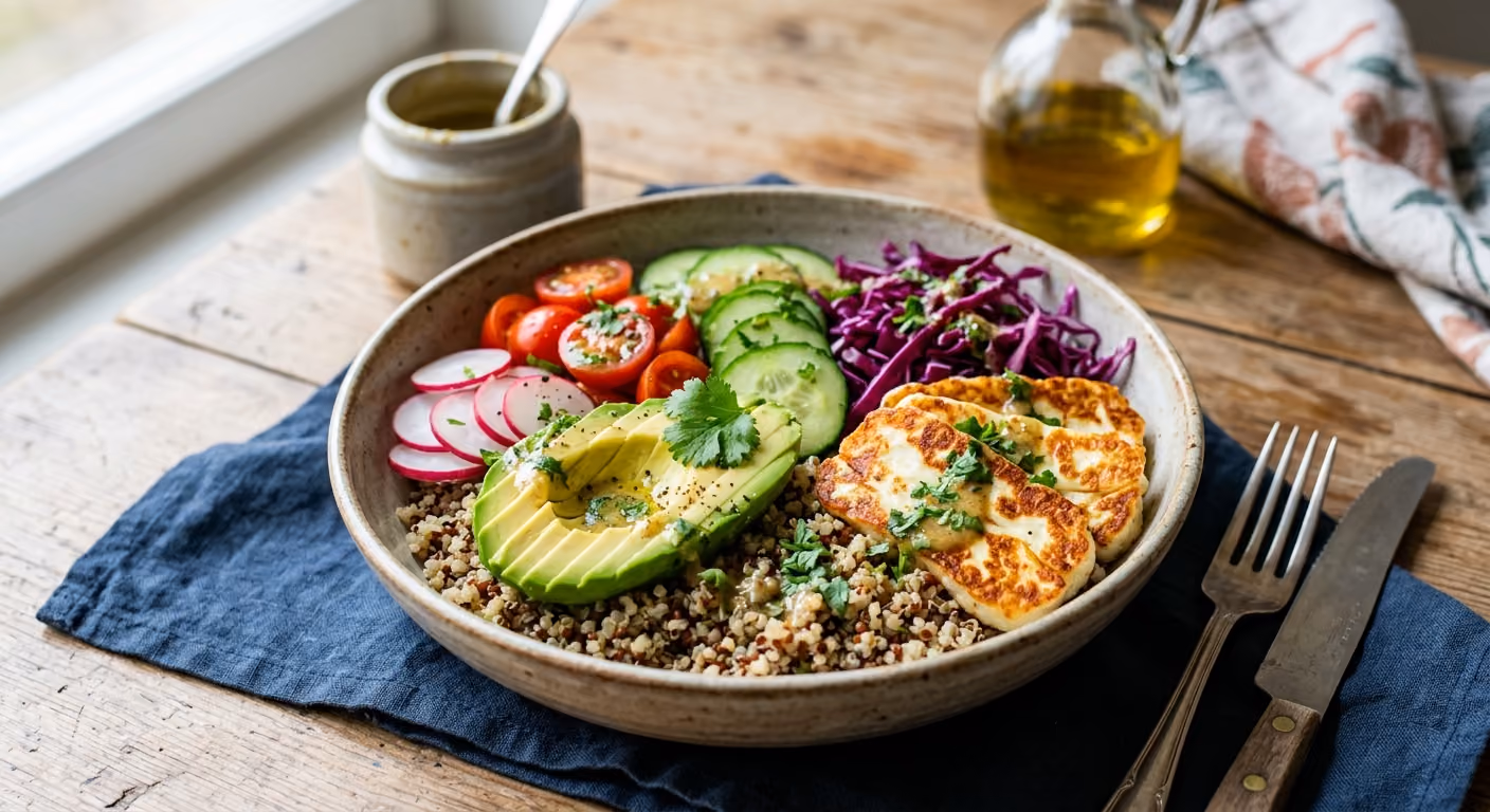 Färgstark Vegetarisk Bowl med Halloumi och Quinoa