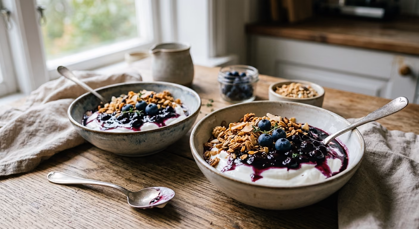 Grekisk yoghurt med crunchy granola och blåbärskompott
