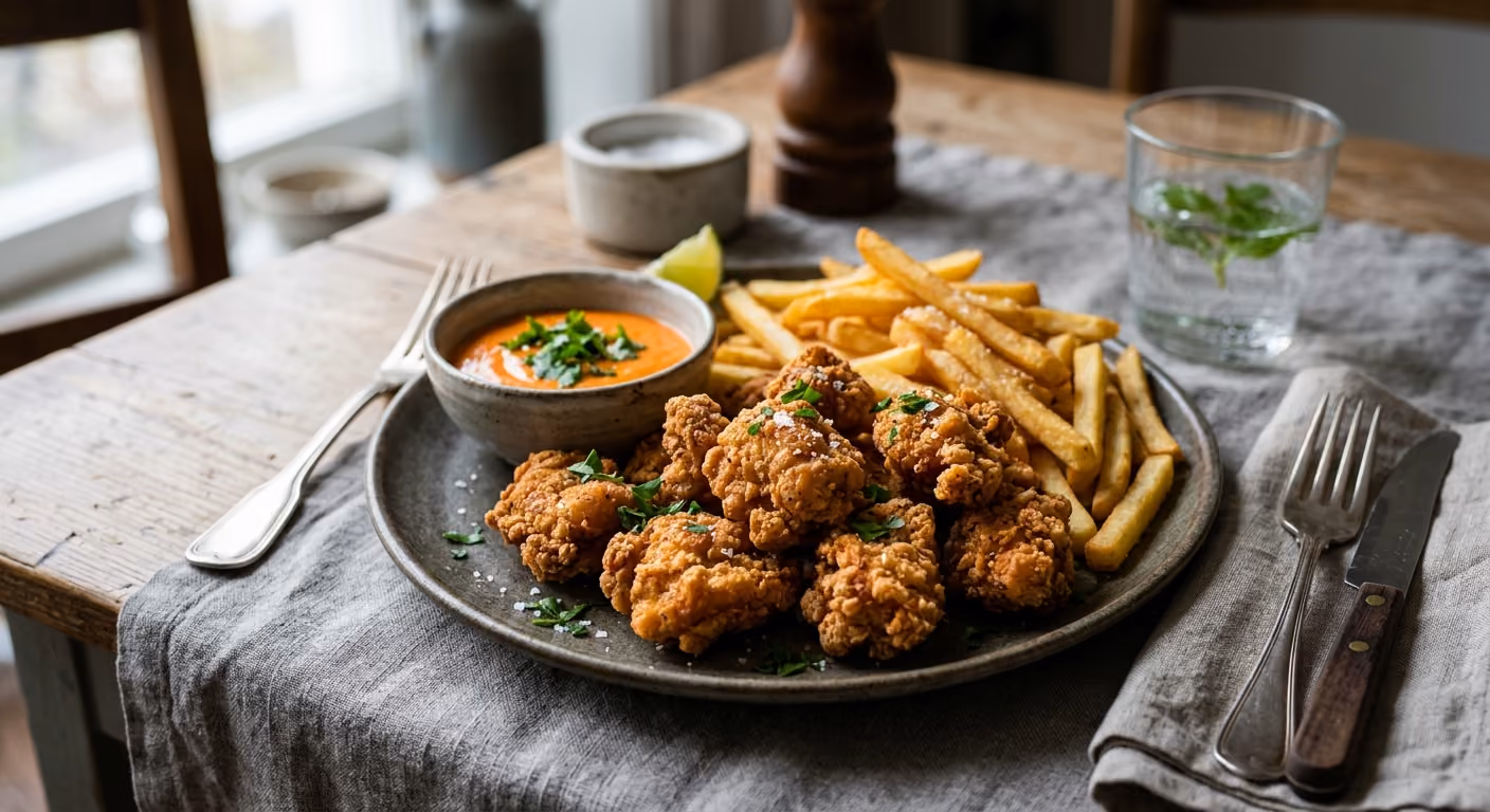 Friterad Kyckling med Pommes Frites och Srirachamajonnäs