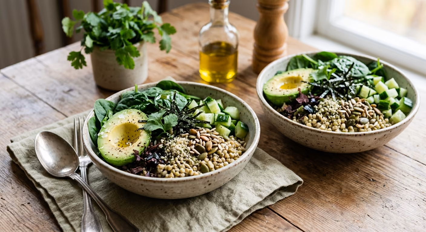 Grön bokhvetebowl med alger och frön